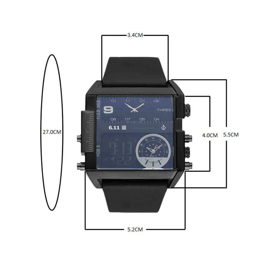 Black square digital and analog wristwatch with black leather strap and detailed size measurements