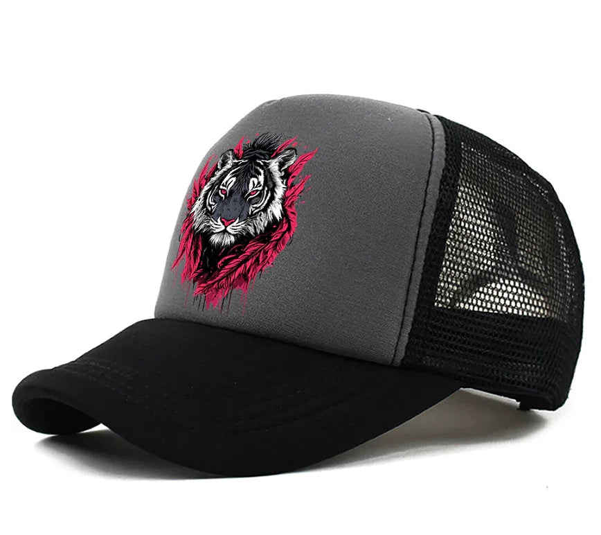 Gray and black trucker cap with detailed white tiger head and red abstract flames design