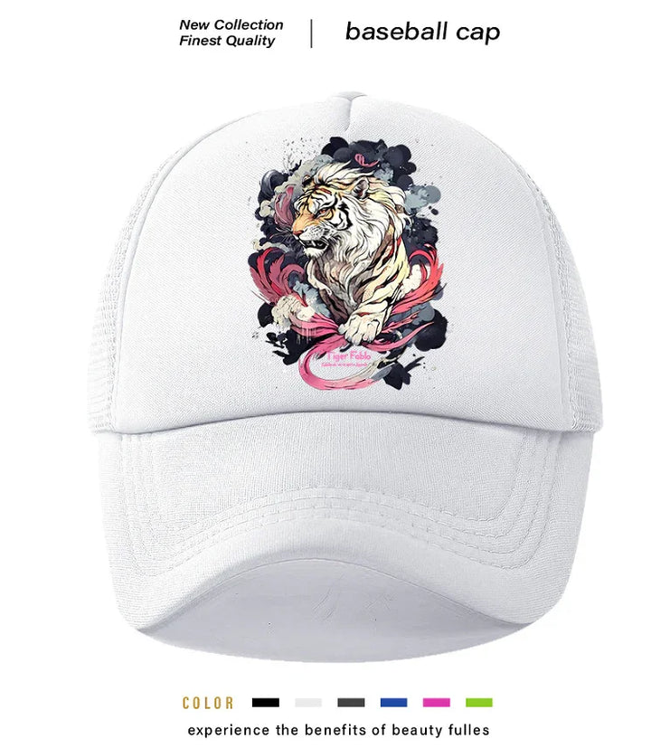 White baseball cap with colorful fierce tiger graphic and artistic splash design