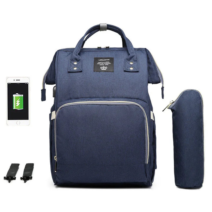 blue LEQUEEN backpack with front zipper pocket, matching insulated bottle holder, phone showing charging icon, and stroller straps