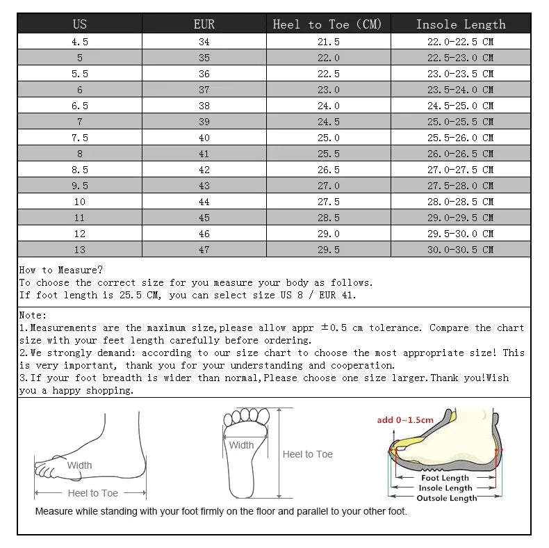 Shoe size conversion chart showing US, EUR sizes with heel to toe and insole length measurements in centimeters and foot measuring instructions