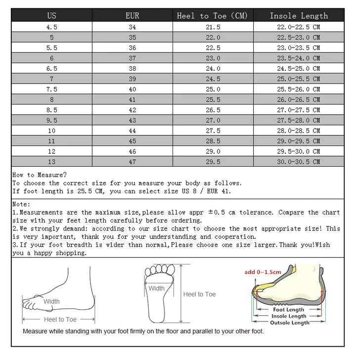 Shoe size conversion chart showing US, EUR sizes with heel to toe and insole length measurements in centimeters and foot measuring instructions