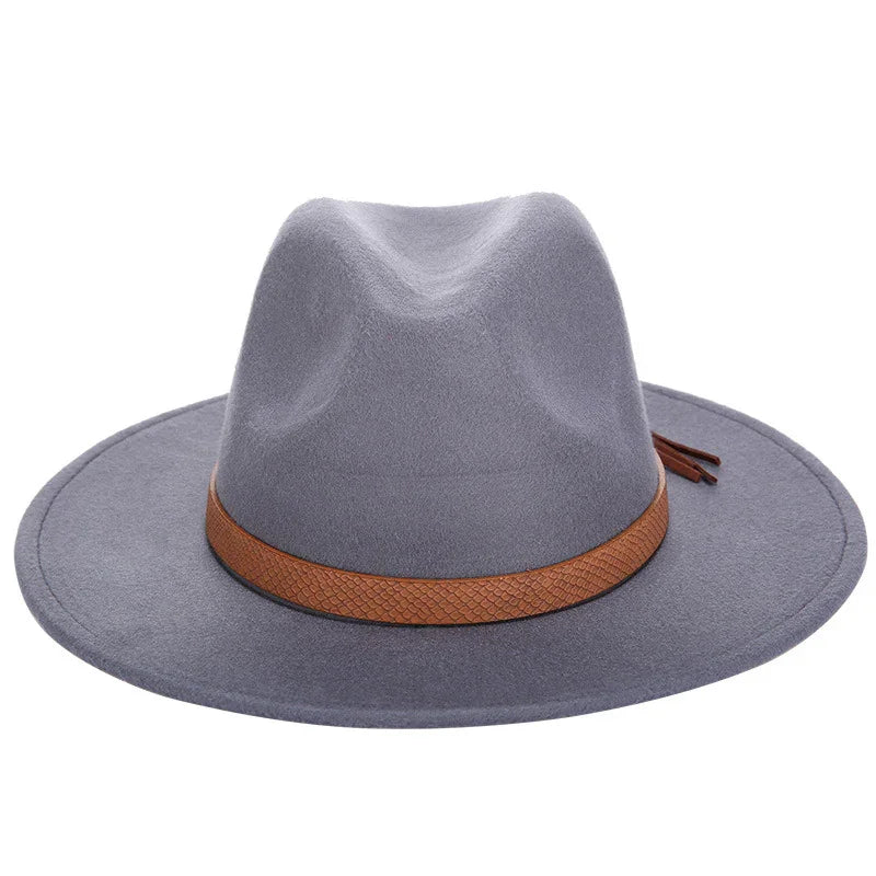 Stylish gray felt wide-brim fedora hat with textured brown leather band and tassel detail
