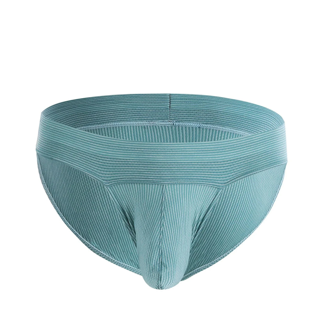 Light blue ribbed men's brief underwear with contoured pouch and elastic waistband