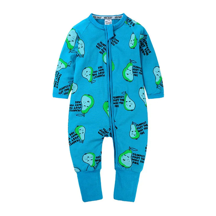 Blue baby romper with green pear illustrations and text saying Perfect just the way you are
