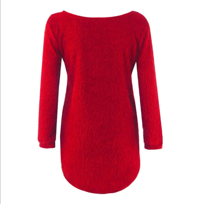 Red long-sleeve wool sweater dress with rounded hem on white background