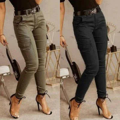 Side-by-side image of woman wearing high-waisted slim cargo pants in olive green and black with black heels and black belt