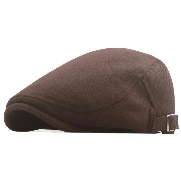 Brown flat cap with adjustable buckle strap, classic stylish men's headwear