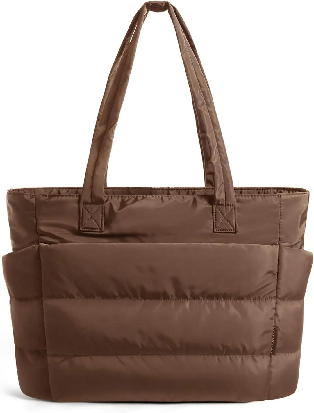 Brown quilted puffer tote bag with long handles and side pockets on white background