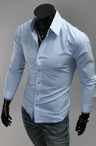 Slim fit light blue men's dress shirt on a black mannequin with long sleeves and button closure