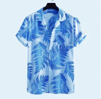 Light blue short-sleeve button-up shirt with blue fern leaf print on hanger