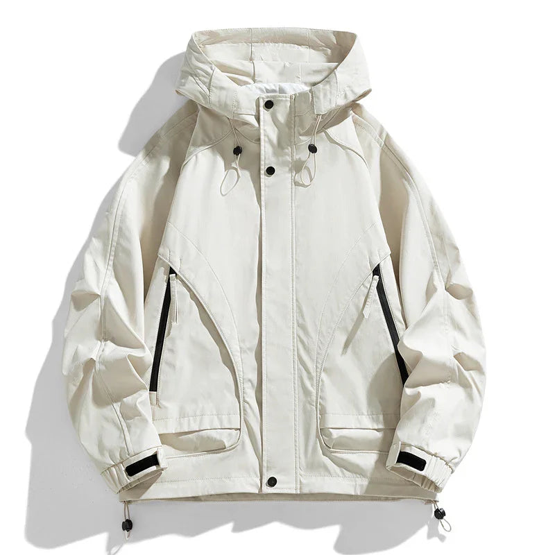 White lightweight hooded jacket with black zipper pockets and adjustable drawstrings