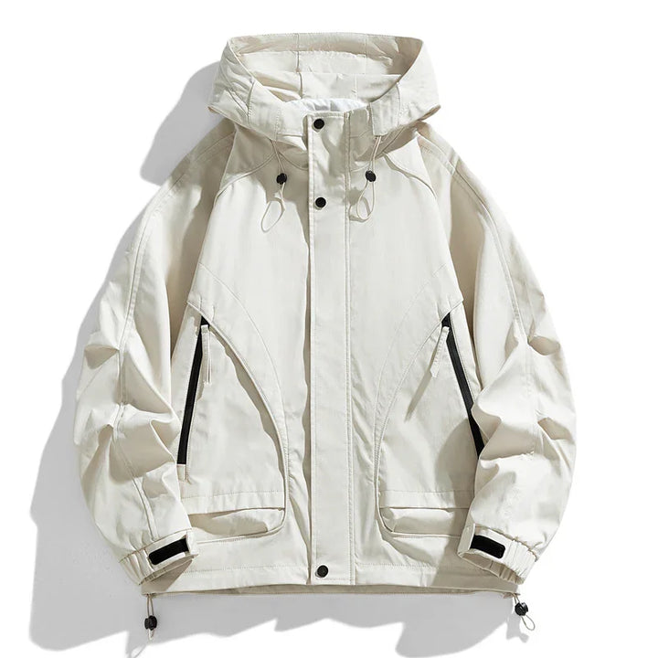 White lightweight hooded jacket with black zipper pockets and adjustable drawstrings