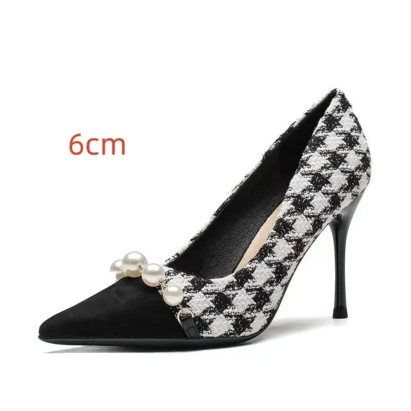 Black and white houndstooth high heel pump with 6cm heel and pearl embellishments
