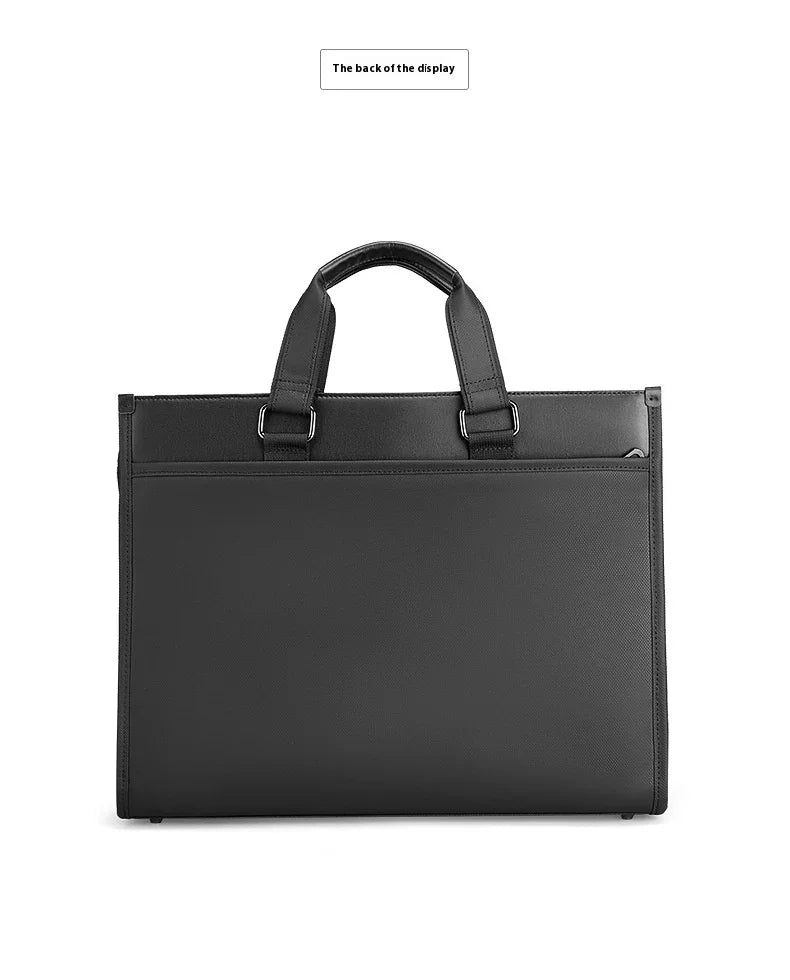 Back view of sleek black leather briefcase with double handles and rear pocket