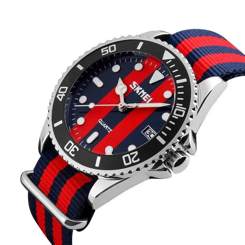 SKMEI quartz wristwatch with black bezel and blue-red striped fabric strap, date display at 3 o'clock