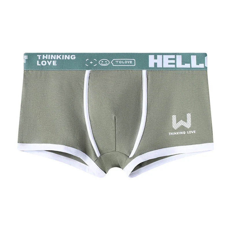 Olive green men's boxer briefs with white trim and teal waistband featuring Hello, Thinking Love text