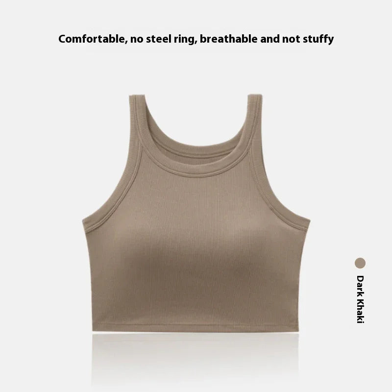 Dark khaki ribbed crop top with tank straps, breathable fabric, no steel ring bra