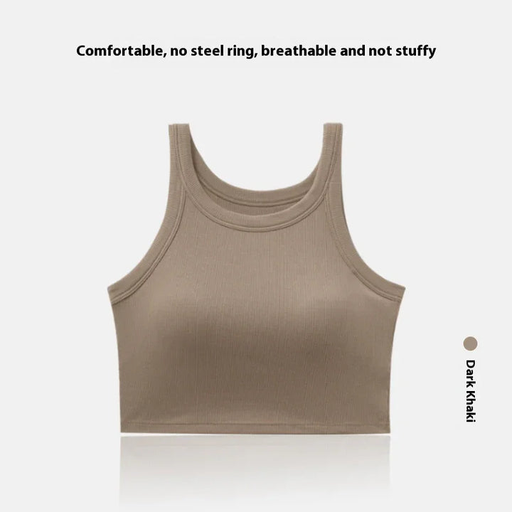 Dark khaki ribbed crop top with tank straps, breathable fabric, no steel ring bra
