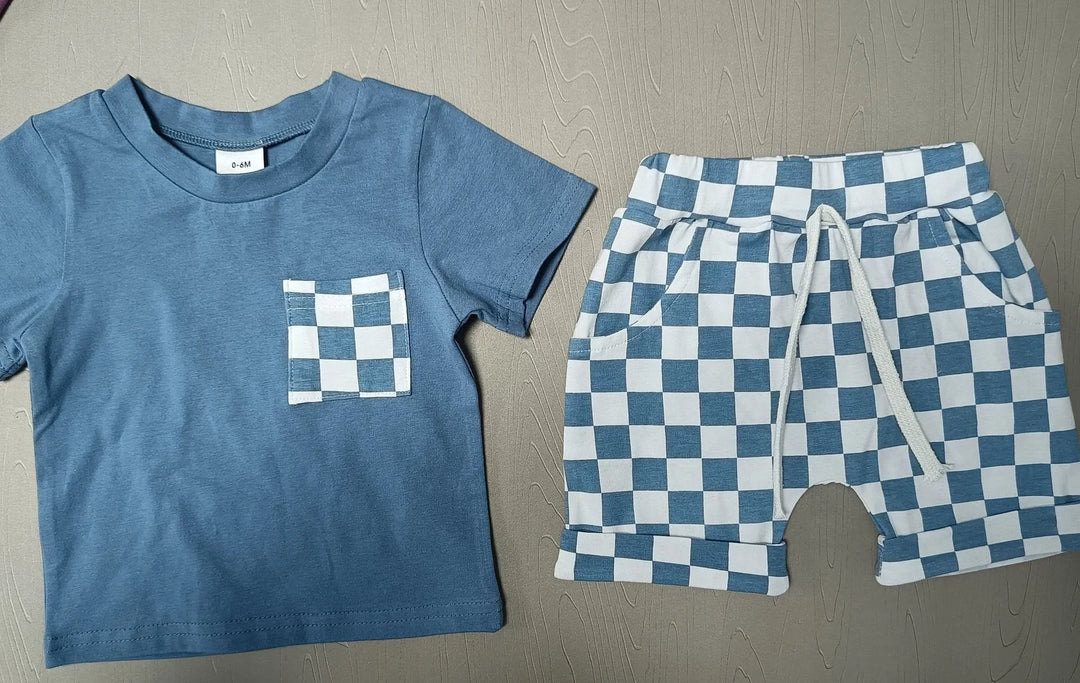 Blue baby outfit with checkerboard pocket t-shirt and matching checkerboard shorts