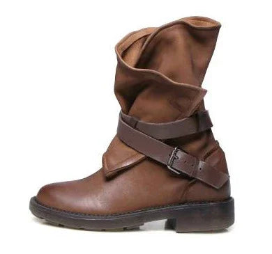 brown leather mid-calf boots with slouchy design and wraparound buckle strap