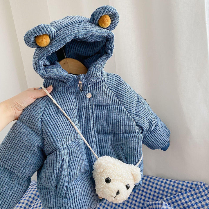 Blue corduroy baby jacket with bear ears hood and small white teddy bear purse