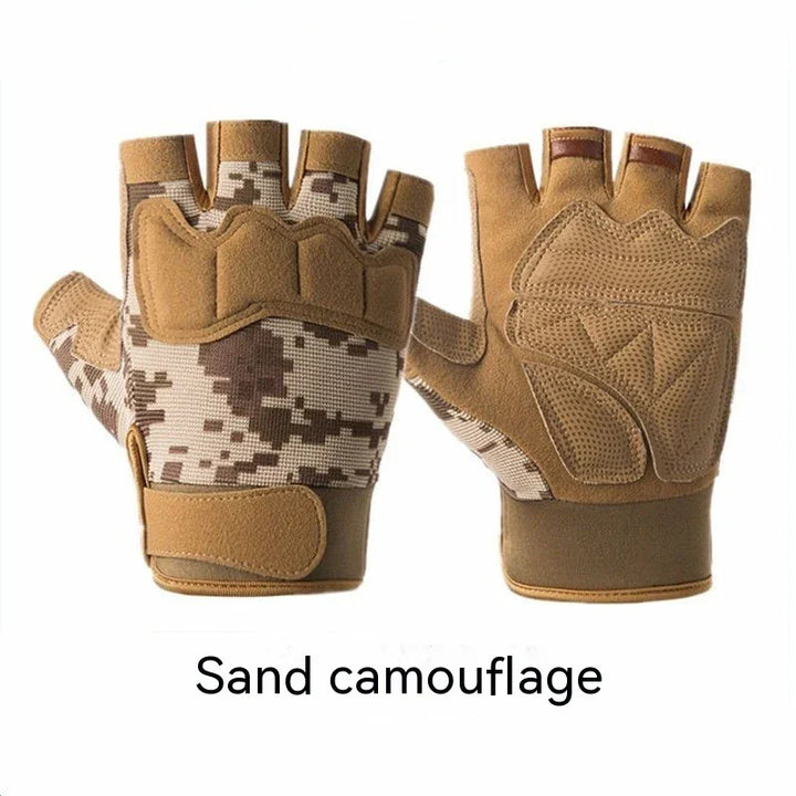 Pair of fingerless tactical gloves with sand camouflage pattern and padded knuckles