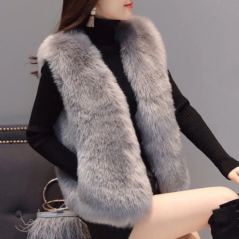 Woman wearing chic gray faux fur vest over black turtleneck sweater, paired with black high boots