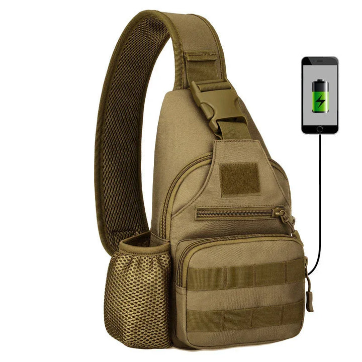 tactical brown crossbody sling bag with multiple zippered pockets, mesh water bottle holder, and phone charging feature