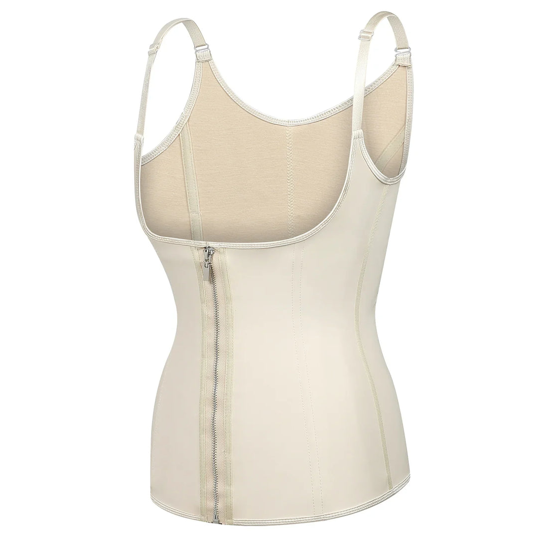 Beige women's shapewear vest with adjustable straps and front zipper closure