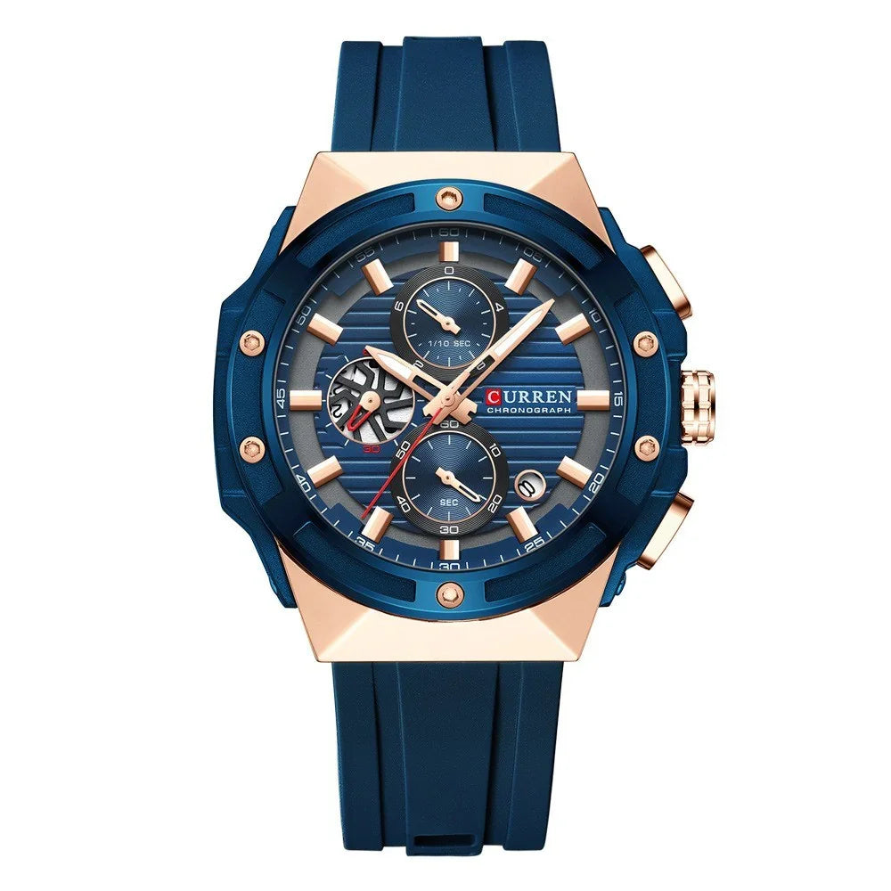 Curren men's chronograph watch with blue silicone strap and rose gold accents
