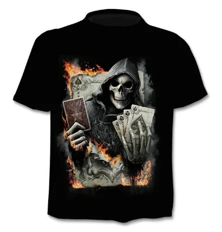 Black t-shirt with grim reaper holding playing cards and fiery ace of spades design