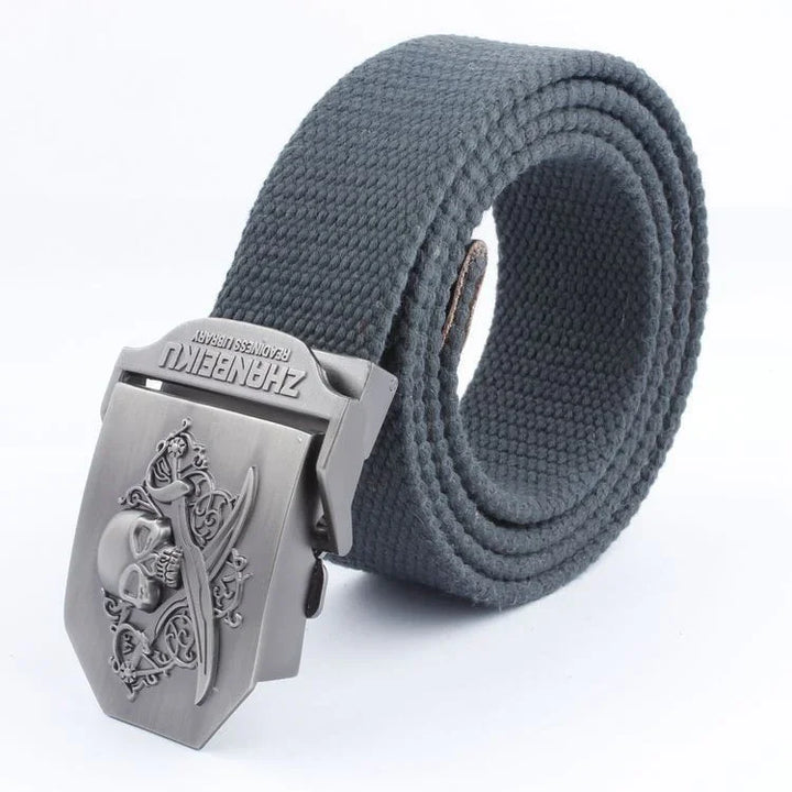 Gray woven canvas belt with metal buckle featuring skull and crossed swords design