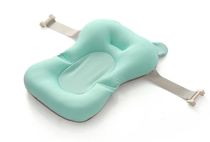 Light blue inflatable baby bath pillow with adjustable straps and headrest support