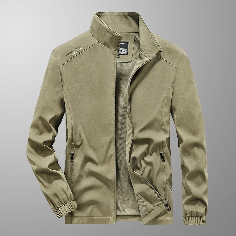 Men's lightweight outdoor jacket in beige with zippered pockets and stand collar