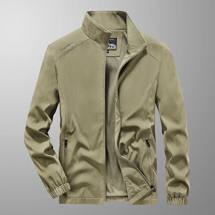 Men's lightweight outdoor jacket in beige with zippered pockets and stand collar