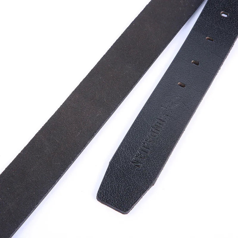 Black leather belt with textured finish and multiple adjustment holes on white background