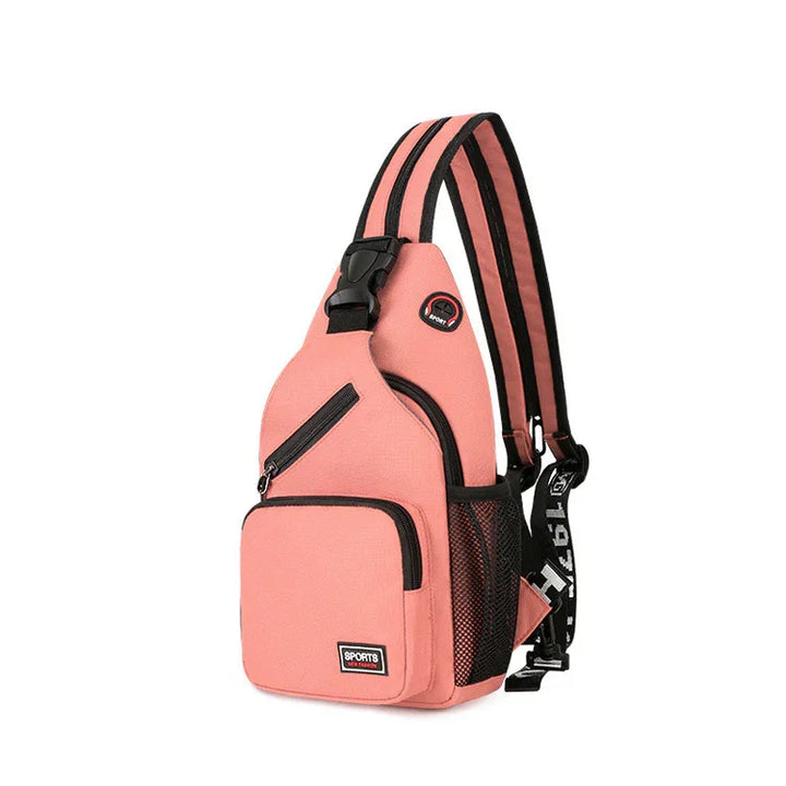 Pink sports sling backpack with black zippers, mesh side pocket, and adjustable striped strap