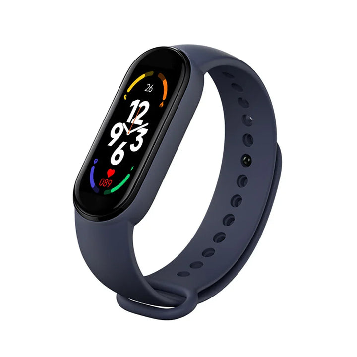 Smart fitness tracker with colorful display and navy blue adjustable silicone band
