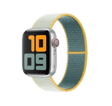 Apple Watch with digital face and yellow-green woven sport loop band
