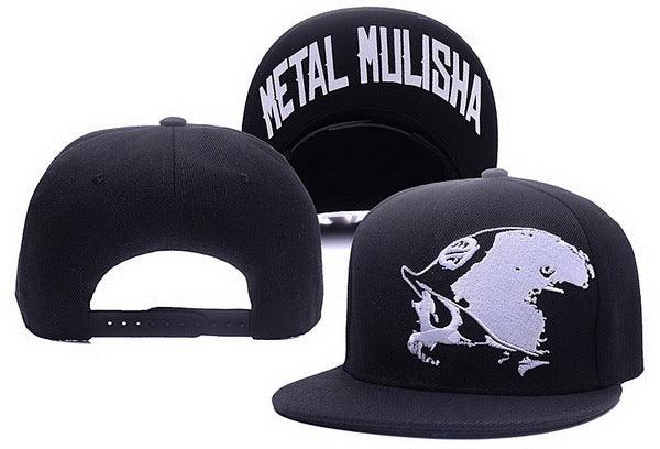 Black snapback hats with white Metal Mulisha logo and text, front, back, and underside views