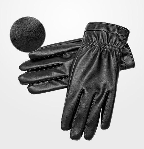 pair of black leather gloves with elastic wrist and snap button detail on white background