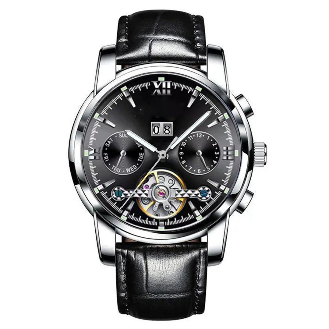 Black dial men's mechanical wristwatch with leather strap, dual subdials, date display, and exposed tourbillon