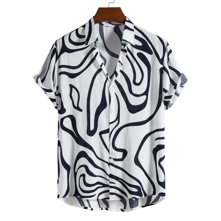White short sleeve button-up shirt with black abstract wavy lines pattern on wooden hanger