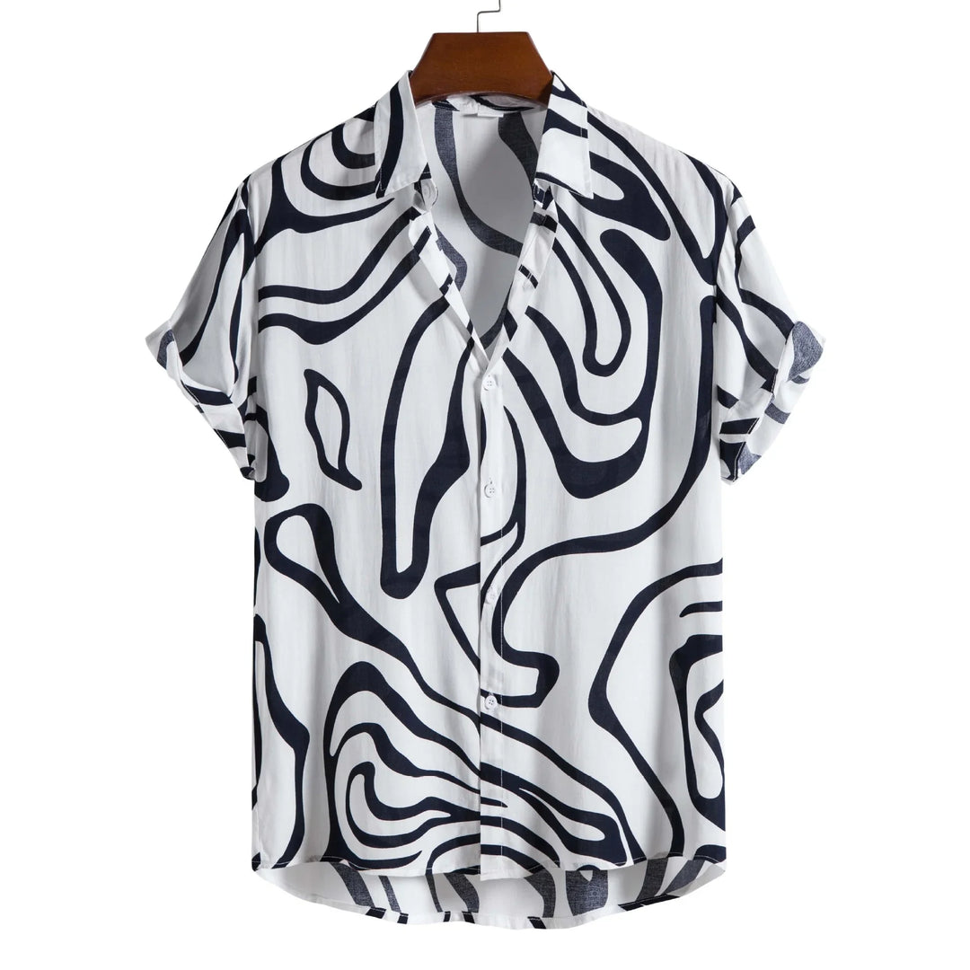 White short sleeve button-up shirt with black abstract swirl pattern on wooden hanger