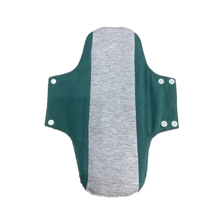 Reusable green and gray cloth menstrual pad with snap buttons for secure fit