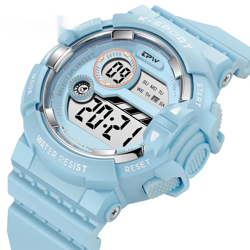 Light blue K-Sport digital watch with water resistance, multiple buttons, and an illuminated display