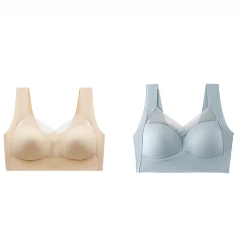 Seamless wireless bras in beige and light blue on white background