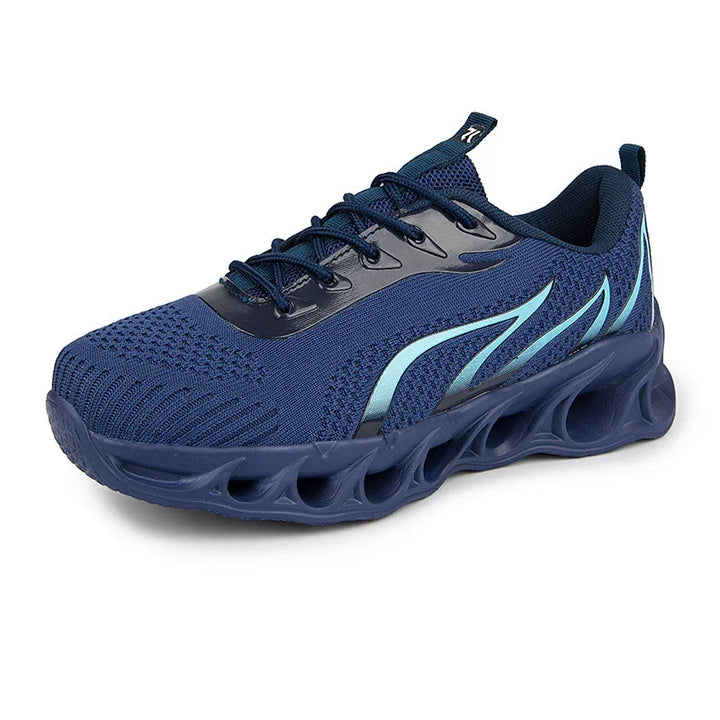Navy blue athletic sneaker with breathable mesh upper and wavy light blue accents, cushioned sole