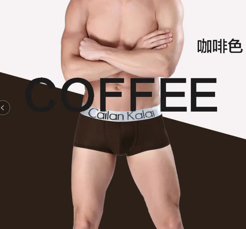 Man wearing coffee-colored boxer briefs with white waistband branded Cailan Kalai